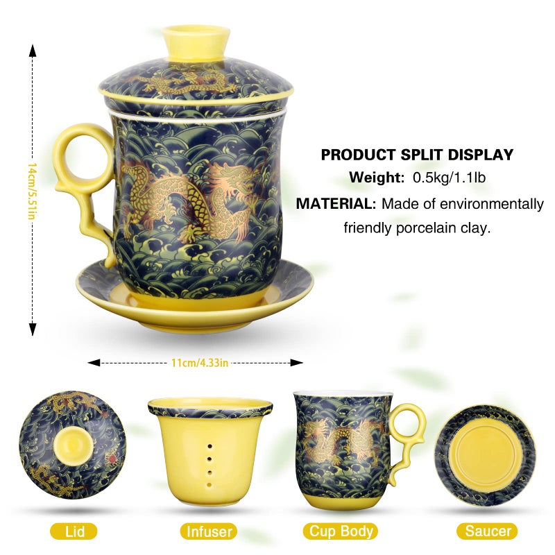 YURROAD Chinese Dragon Pattern Tea-Mug with Strainer Infuser and Lid and Saucer Ceramic Tea Mug Convenient System Chinese Porcelain Personal Tea Cup 13.5oz(400ml) - DARK GREEN TC400 - Image 3